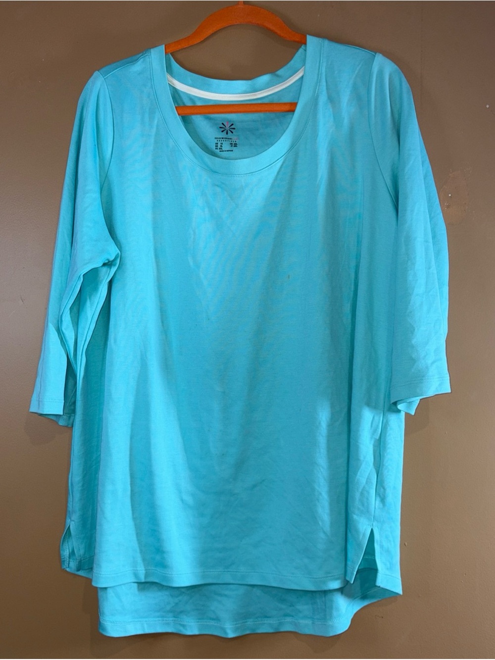 HC824 Isaac Mizrahi Scoop Neck Shirt Sz 1X Aqua 3/4 Sleeve Pull On A300290 Women